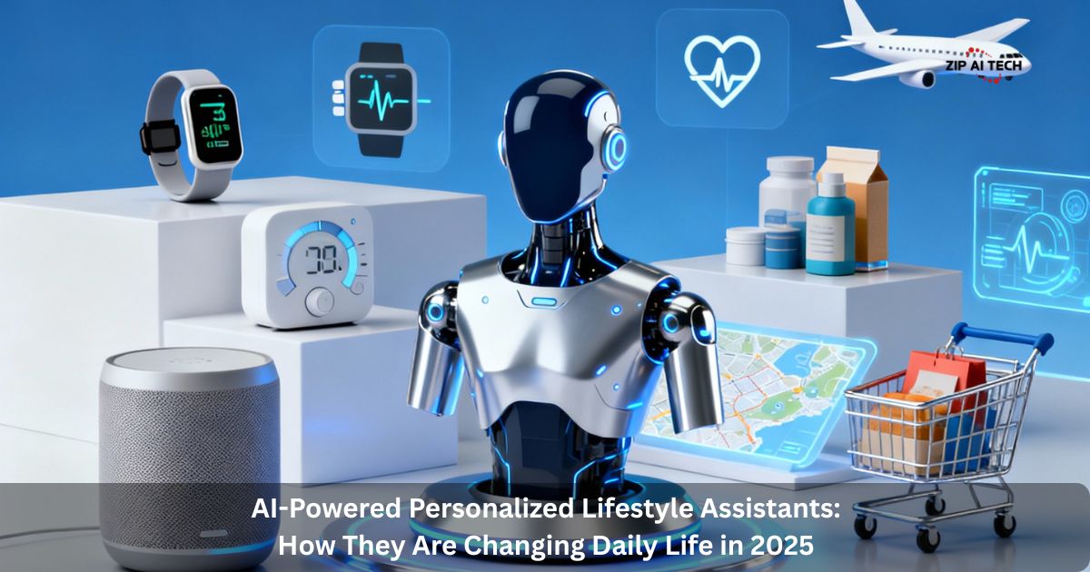 Modern AI robot assistant with smart watch, speaker, home thermostat, medication, shopping cart, and digital health icons representing the impact of AI-powered lifestyle assistants on daily routines in 2025.