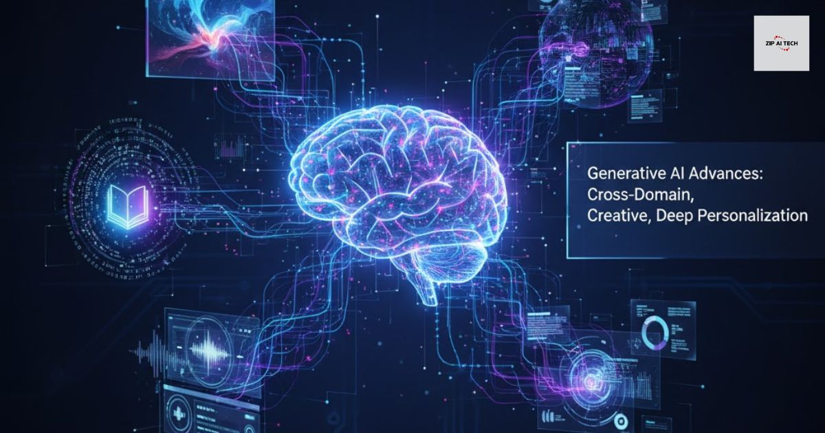 Neon digital brain surrounded by data networks, symbolizing generative AI advances in cross-domain creativity and deep personalization for ZIP AI TECH