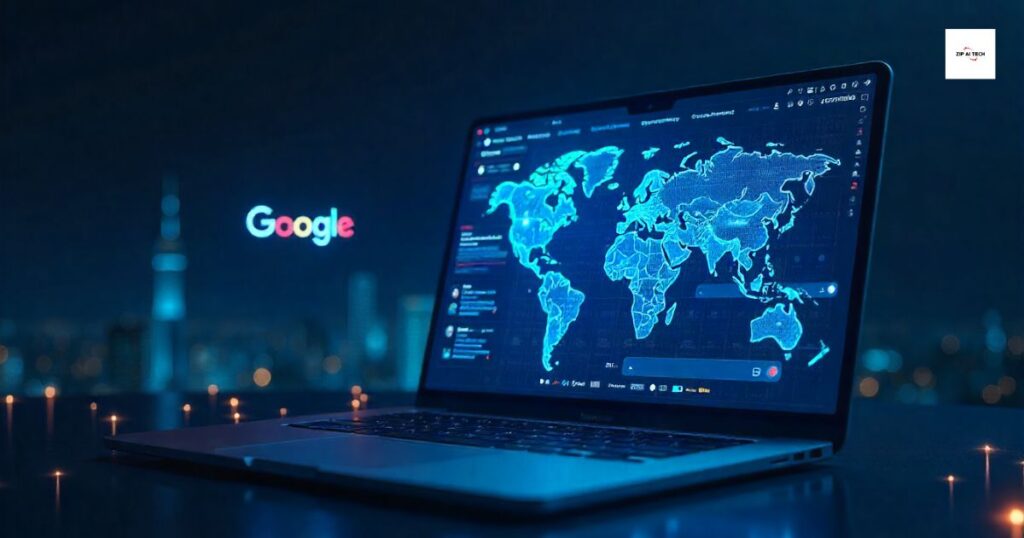 How Google Is Adapting to AI Search featuring a futuristic laptop displaying a digital world map interface, with the Google logo visible in the background, symbolizing the modernization of global search technology.