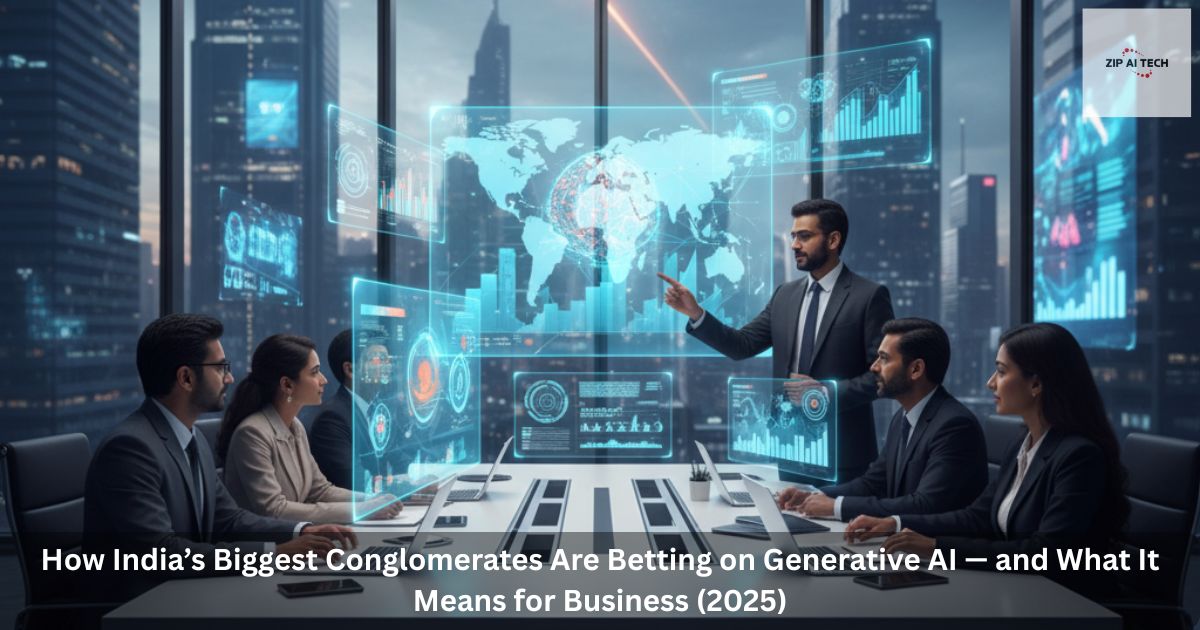 Business professionals in a corporate boardroom analyzing futuristic digital data and world maps, representing India's major conglomerates adopting generative AI technologies for business advancement in 2025.