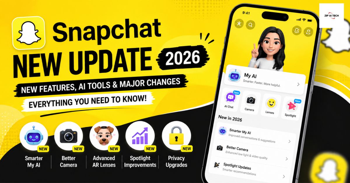Snapchat new update 2026 showing latest AI features, camera improvements, AR lenses, Spotlight updates, and privacy enhancements.