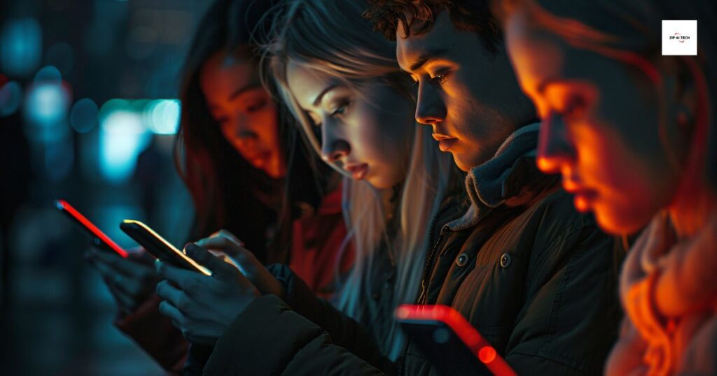 Group of people using smartphones at night, illustrating the impact of technology on modern communication and social interaction.