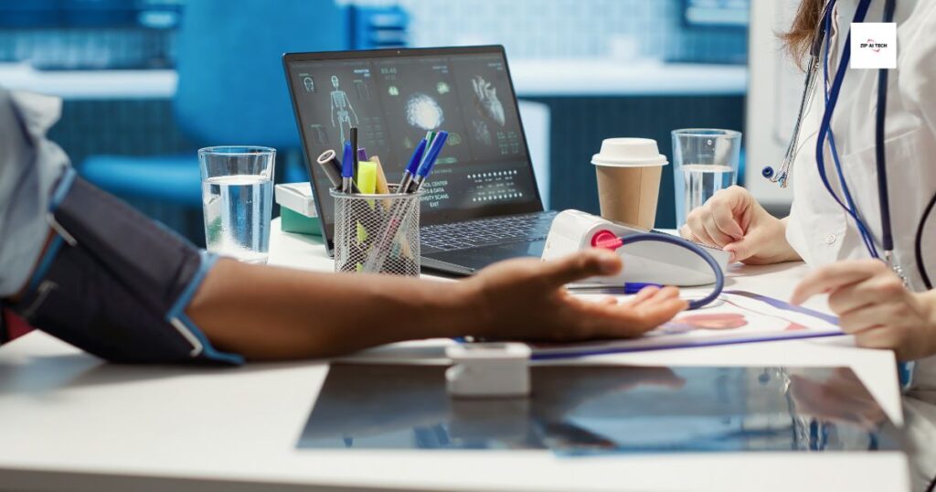 Doctor using digital devices and modern medical equipment in a clinic, illustrating the role of technology in enhancing healthcare services and patient care.