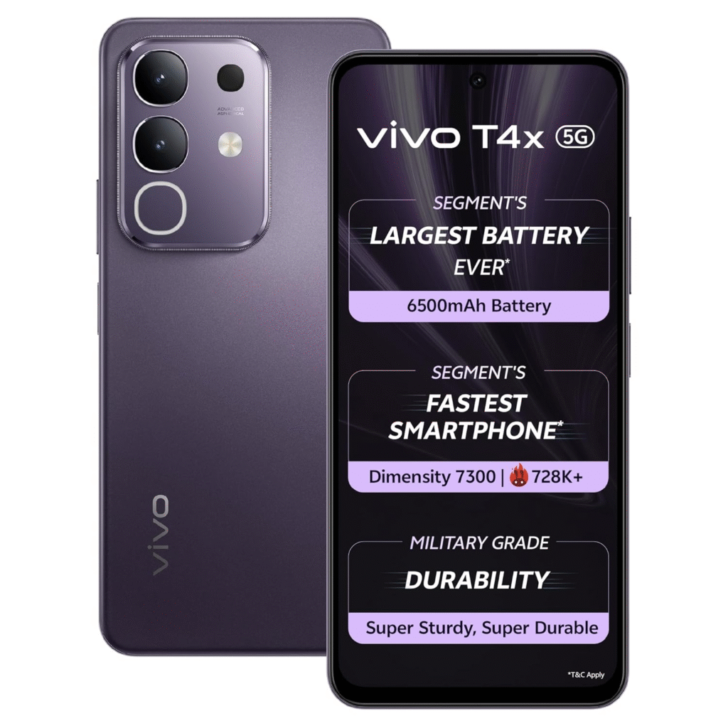 A Vivo T4x 5G smartphone in purple is shown, displaying specs on its screen: 6500mAh battery, Dimensity 7300 processor, and military-grade durability.