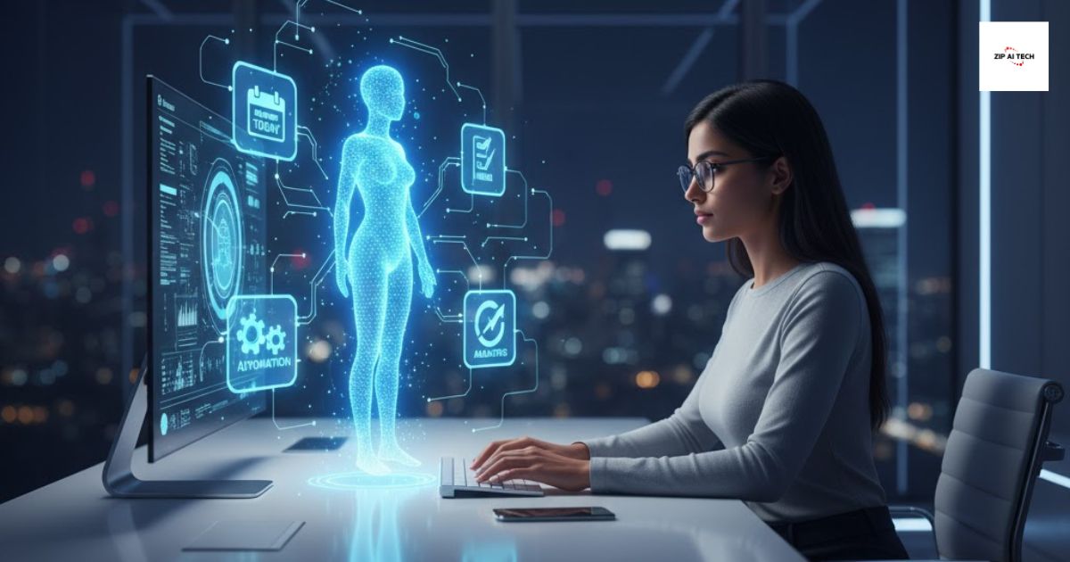 Woman using the best AI tools through a futuristic holographic interface to improve productivity in 2025.