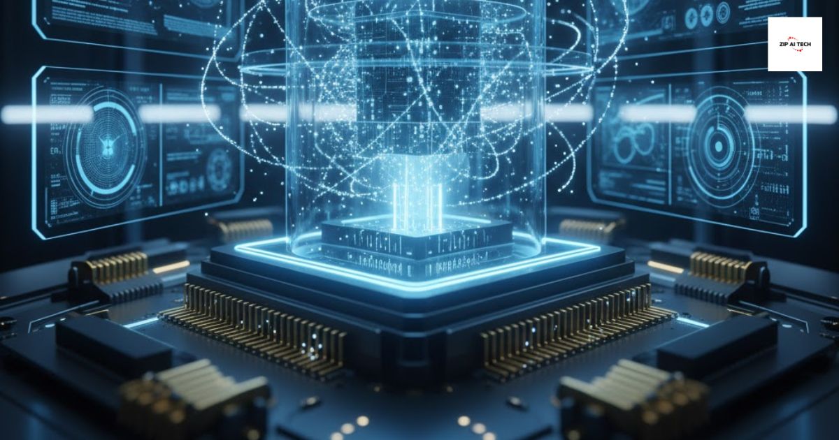 Quantum computing chip with glowing qubits and futuristic data visuals.
