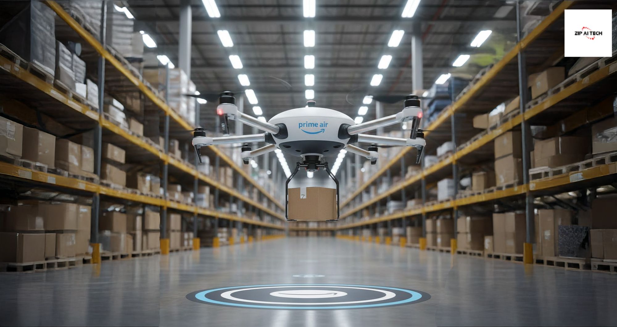 Amazon employees using advanced Prime Air drone technology inside a warehouse for faster and automated deliveries.