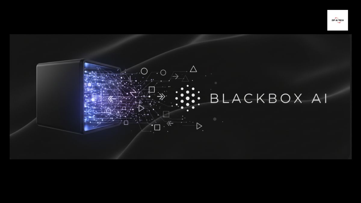 Glowing black cube on a silky dark background releasing streams of purple-blue digital particles and geometric symbols that flow toward the “BLACKBOX AI” wordmark on the right.