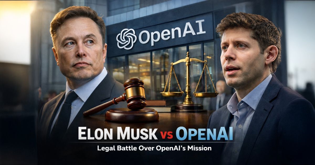 Elon Musk and Sam Altman shown with OpenAI headquarters and courtroom symbols during the OpenAI legal dispute