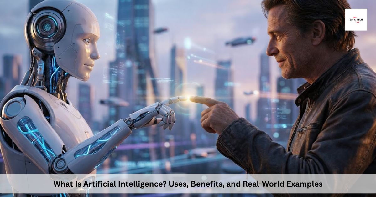 Human and artificial intelligence connection showing a realistic interaction between a person and an AI robot