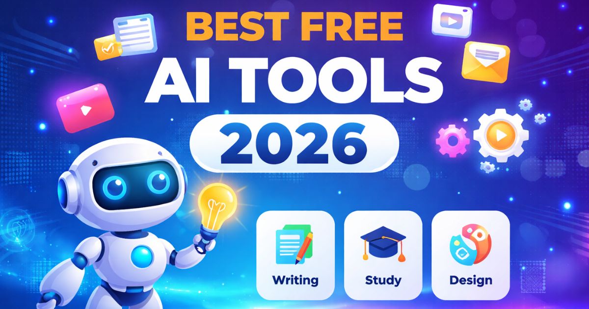 Best free AI tools 2026 feature image showing AI for writing, study, design, and productivity