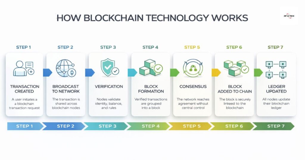 step by step process showing how blockchain technology works from transaction creation to ledger update