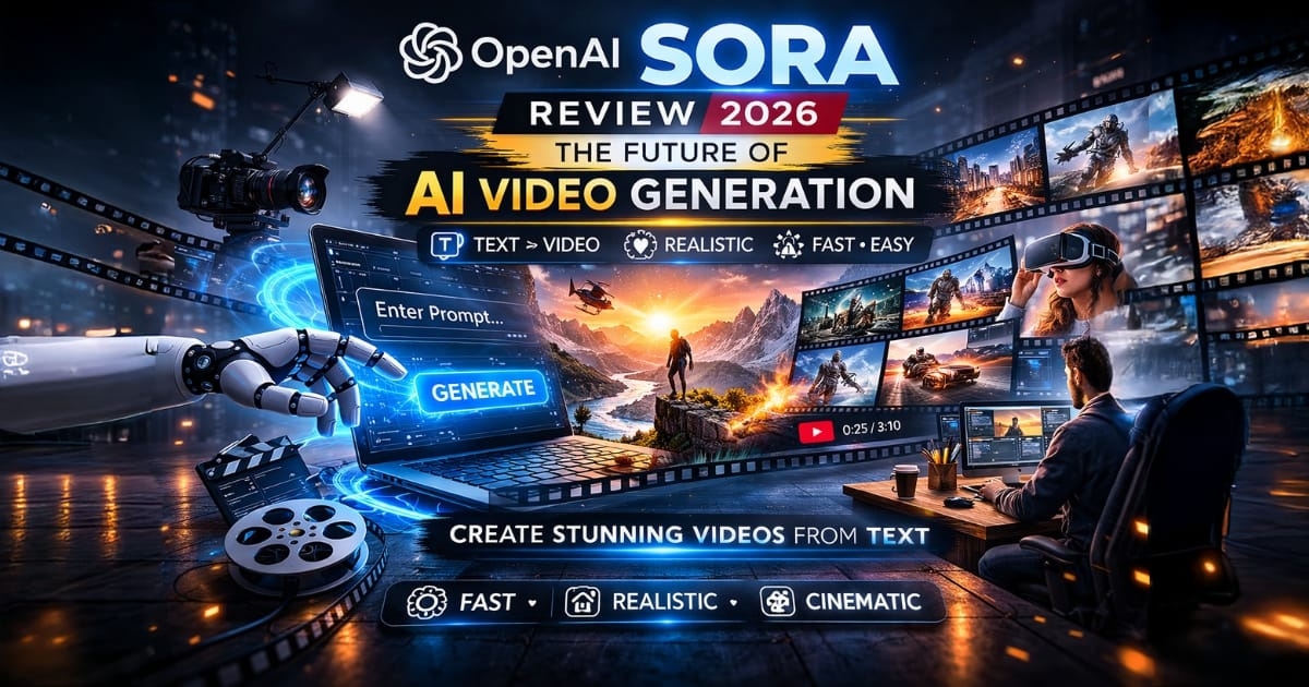 OpenAI Sora AI video generation concept showing a golden retriever running through snowy mountains at sunset beside a futuristic computer interface creating cinematic video from text prompts.