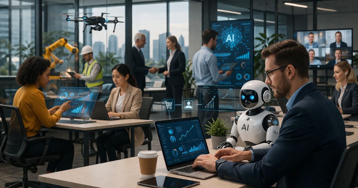 AI in business workplace showing human and robot collaboration with data analytics dashboard