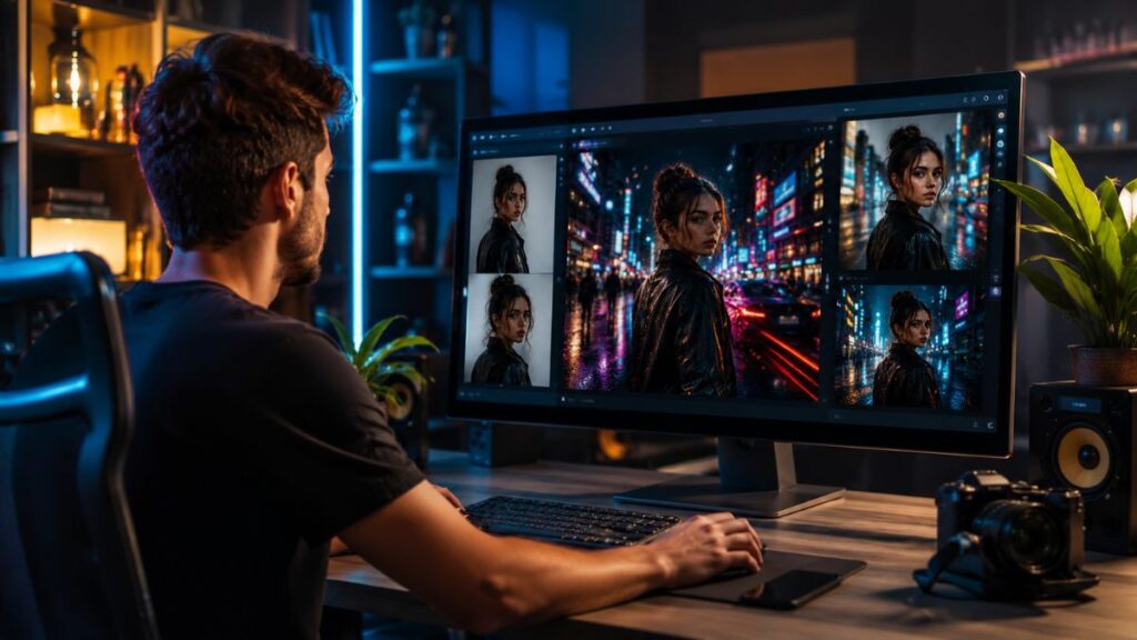 Professional content creator using AI tools to generate Instagram Reel visuals in a modern workspace.