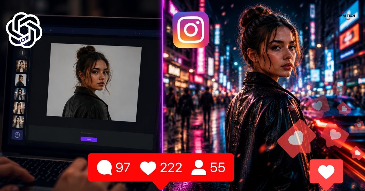 Split-screen comparison showing an AI-generated image transformed into a cinematic Instagram Reel scene with dramatic lighting and storytelling effects.