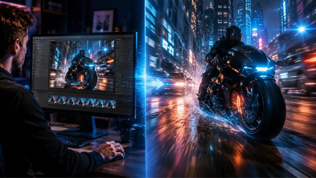 AI-generated image evolving into a cinematic video scene with realistic motion blur and dynamic storytelling effects.