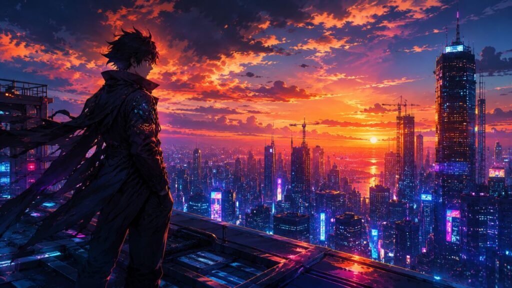 Anime hero standing on a futuristic rooftop overlooking a cyberpunk city during sunset.