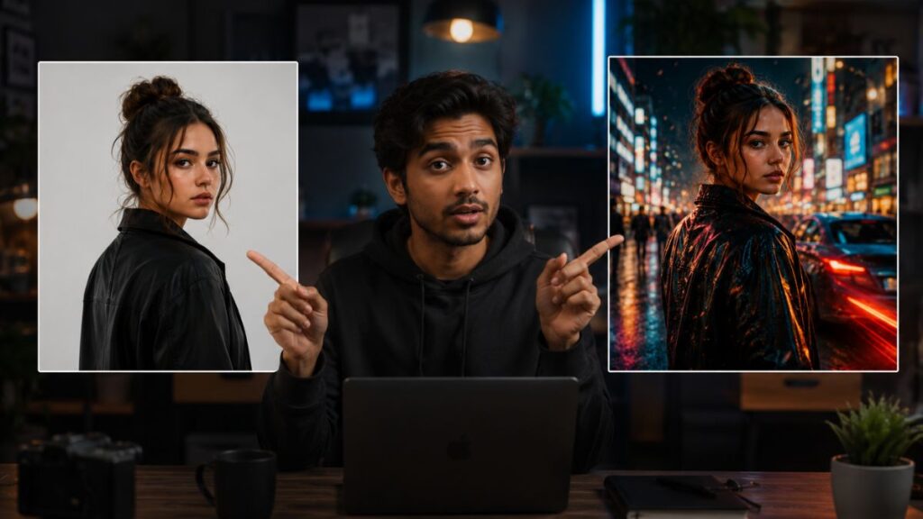 Side-by-side comparison showing the difference between a basic AI image prompt and an advanced detailed AI prompt.