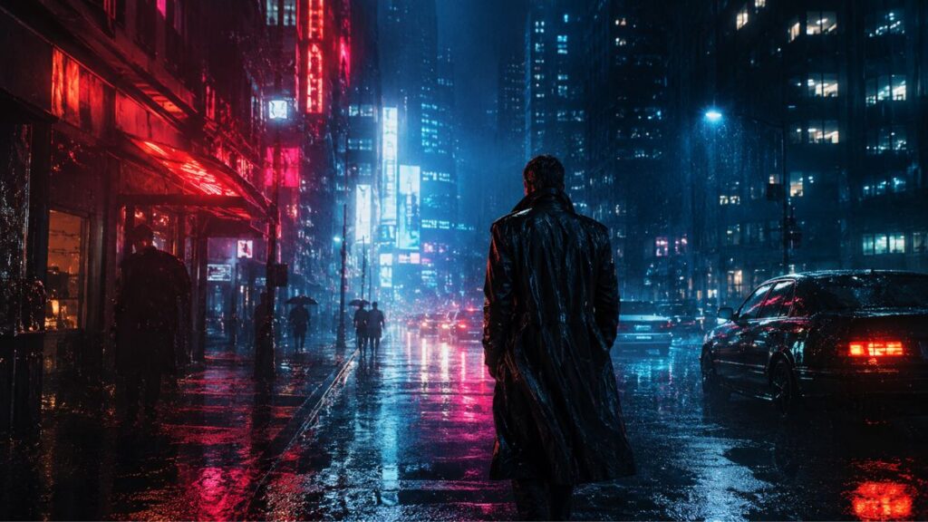 Futuristic cyberpunk city at night featuring neon lights, rainy streets, and cinematic reflections.