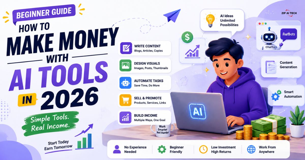 Illustration showing how to make money with AI tools in 2026 using content creation, freelancing, automation, blogging, and digital income opportunities.