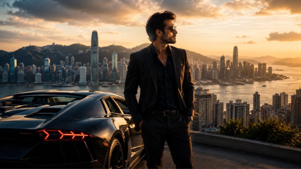 Luxury entrepreneur standing beside a supercar overlooking a modern city skyline during golden hour.